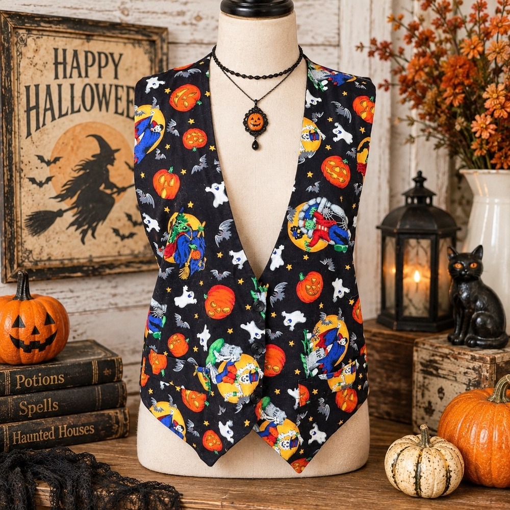 Vintage 90s JLN USA Halloween Vest Medium Pumpkin Ghost Witch Bat Cotton USA